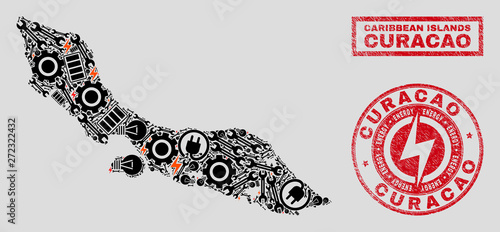 Composition of mosaic electric Curacao Island map and grunge watermarks. Mosaic vector Curacao Island map is composed with gear and power icons. Black and red colors used.