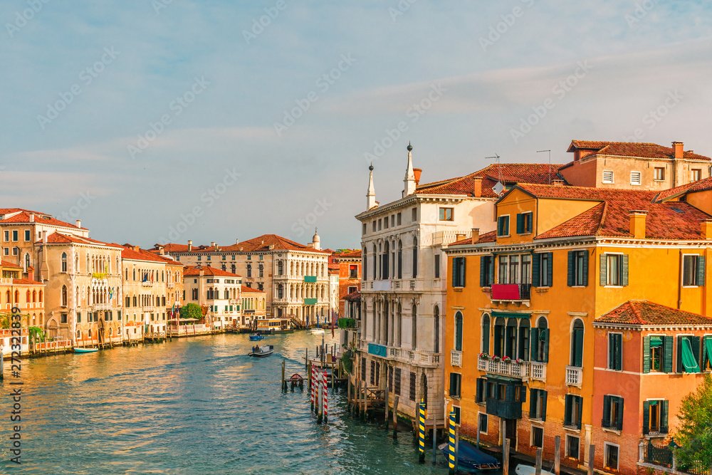 Beautiful view of Grand Canal in Venice,Italy from Accademia bridge with gondolas during sunrise