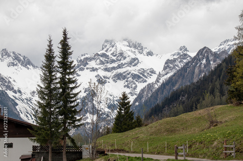 Panorama of an alpine landscape with high mountains, green meadows and trees in spring with snow in Austrian Alps
