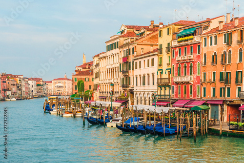 Beautiful view of Grand Canal in Venice,Italy from Rialto bridge with gondolas during sunrise