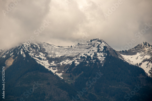 Panorama of an alpine landscape with high mountains, green meadows and trees in spring with snow in Austrian Alps © 2199_de