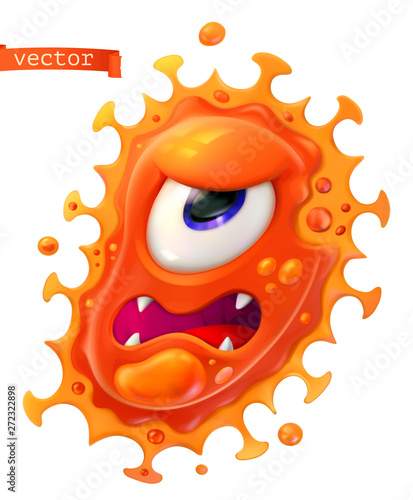 Virus, bacteria. Red funny monster, cartoon character. 3d vector icon