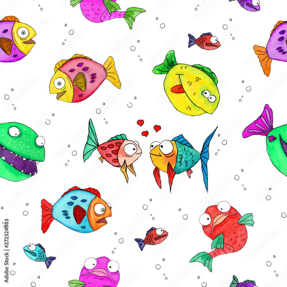 Childish seamless pattern with funny multicolored fishes. Hand drawn watercolor Childish seamless pattern with funny multicolored fishes. Hand drawn watercolor