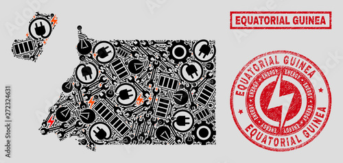 Composition of mosaic power supply Equatorial Guinea map and grunge stamp seals. Collage vector Equatorial Guinea map is created with hardware and bulb icons. Black and red colors used.