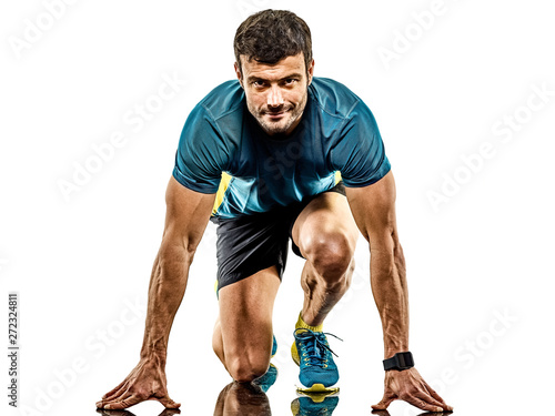 one caucasian handsome mature man running runner jogging jogger isolated on white background photo