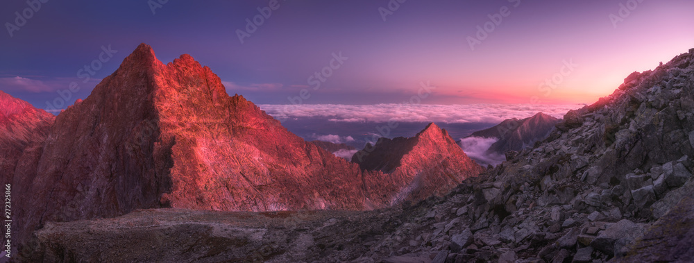 Mountains Landscape with Inversion in the Valley at Sunset as seen From Rysy Peak in High Tatras, Slovakia