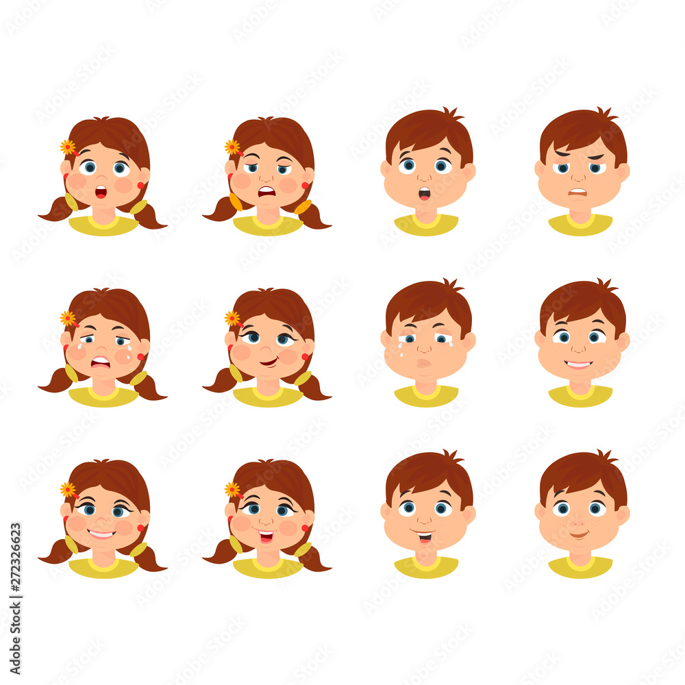 Collection of various emotion expression avatar cutes girl and boy. Set of facial emotions, happy, angry, sad, funny, crying. Vector illustration in cartoon style. Collection of various emotion expression avatar cutes girl and boy. Set of facial emotions, happy, angry, sad, funny, crying. Vector illustration in cartoon style.