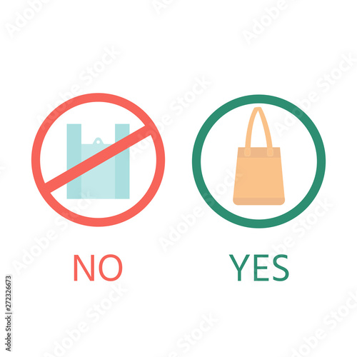 Cotton eco bag. Say no to plastic bags. Zero waste concept. Pollution problem concept. Vector illustration with signage calling for stop using disposable polythene package