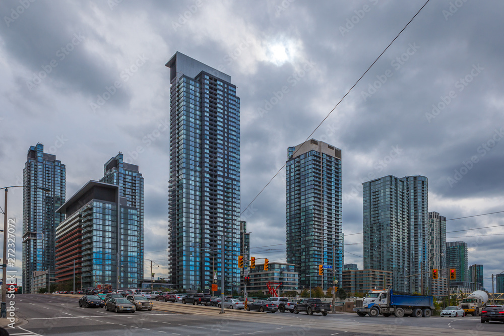 Toronto, CANADA - November 10th, 2018: Busy construction of new buildings and skyscrapers in Toronto centre. Toronto, CANADA - November 10th, 2018: Busy construction of new buildings and skyscrapers in Toronto centre.