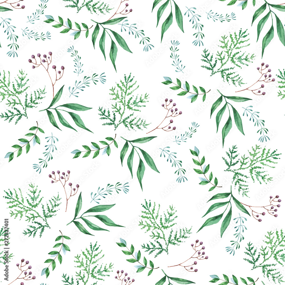 Seamless pattern of foliage natural branches, green leaves, herbs, tropical plant. Hand drawn watercolor. Vector fresh rustic eco background on white
