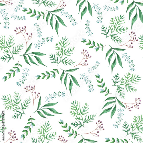 Seamless pattern of foliage natural branches  green leaves  herbs  tropical plant. Hand drawn watercolor. Vector fresh rustic eco background on white