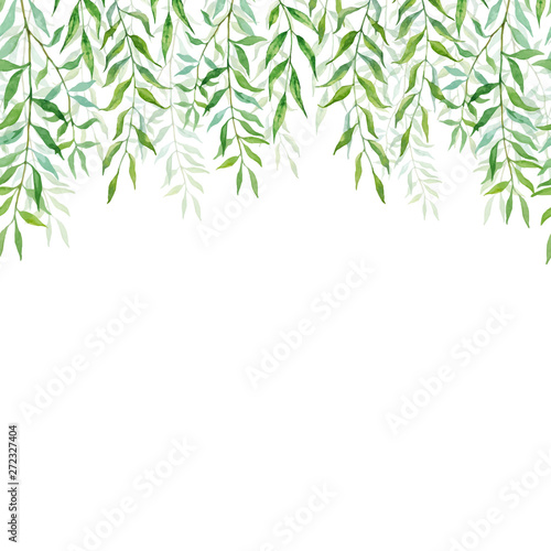 Horizontal Seamless background with branches and leaves of willows. Hand painted branches and leaves on white background. Natural leafy card design