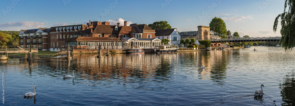 Panoramic view of the Compleat Angler restaurant and suspension bridge over the river Thames at Marlow in Buckinghamshire, UK