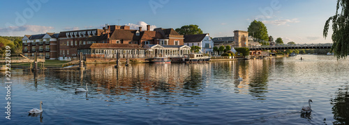 Panoramic view of the Compleat Angler restaurant and suspension bridge over the river Thames at Marlow in Buckinghamshire, UK photo