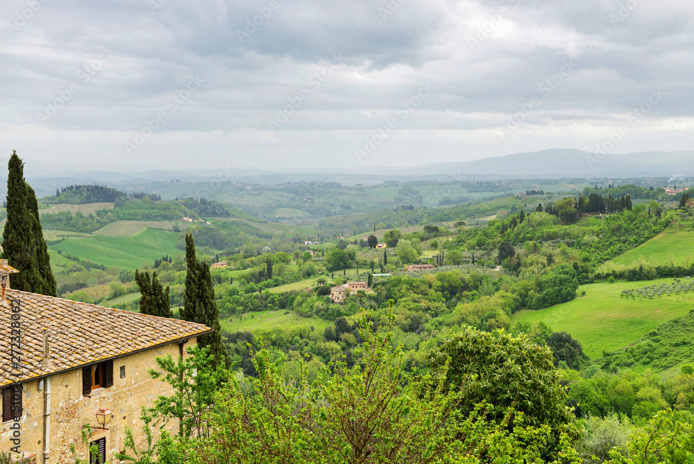Beautiful spring froggy landscape in Tuscany