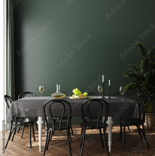 Obraz na plátně Poster, wall mock up in dark green dining room interior, 3d render