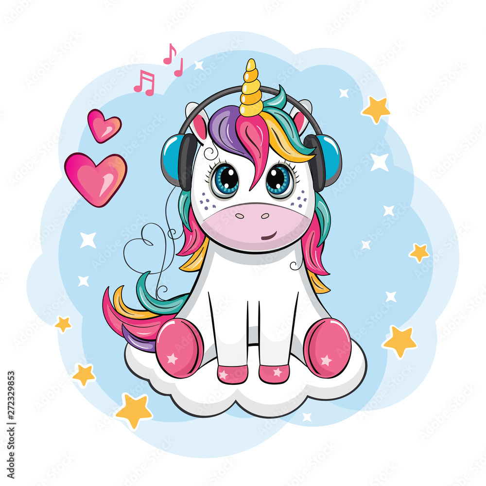 Cartoon funny unicorn with headphones on cloud. Cute little pony on white  background. Wonderland. Fabulous animal. Isolated children`s illustration  for sticker, print. Postcard for friends, family. Stock Vector | Adobe Stock