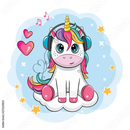 Cartoon funny unicorn with headphones on cloud. Cute little pony on white background.  Wonderland. Fabulous animal. Isolated children`s illustration for sticker, print. Postcard for friends, family. 