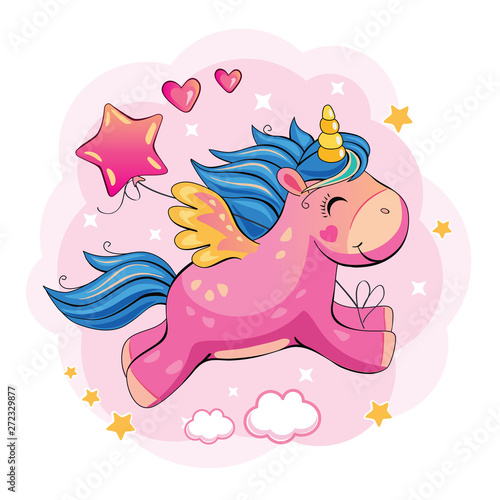 Flying pink unicorn with a balloon. Cute cartoon pony. Romantic story. Wonderland. Cartoon illustration with clouds, stars and hearts. Vector