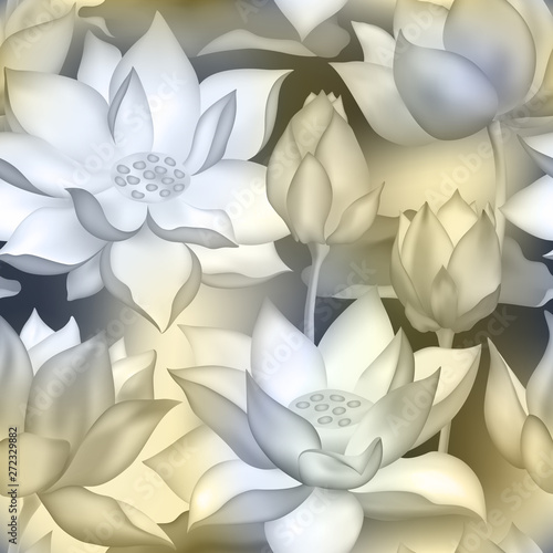 Lotus buds and flowers seamless fabric print., Water lilly nelumbo aquatic plant floral graphic design.