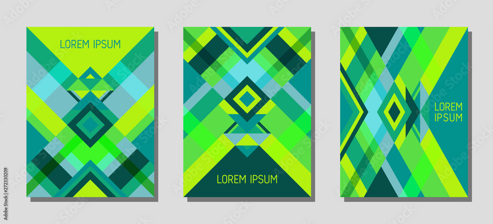 Cover page layout vector template geometric design with triangles and stripes pattern in green, turquoise.