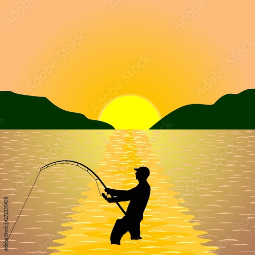 angler silhouette on the background of the setting sun
