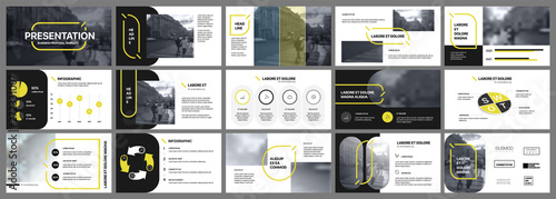Presentation template, yellow and black infographic elements. Vector slide template for business project presentations and marketing.