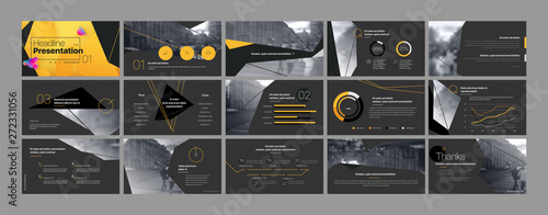 Presentation template, orange and black infographic elements. Vector slide template for business project presentations and marketing.