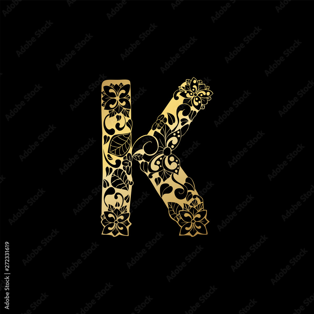 Golden Floral Ornamental Alphabet, Initial Letter K Font. Vector Typography Symbol for Gold Wedding and Monograms Isolated Ornament Design on Black Background Golden Floral Ornamental Alphabet, Initial Letter K Font. Vector Typography Symbol for Gold Wedding and Monograms Isolated Ornament Design on Black Background