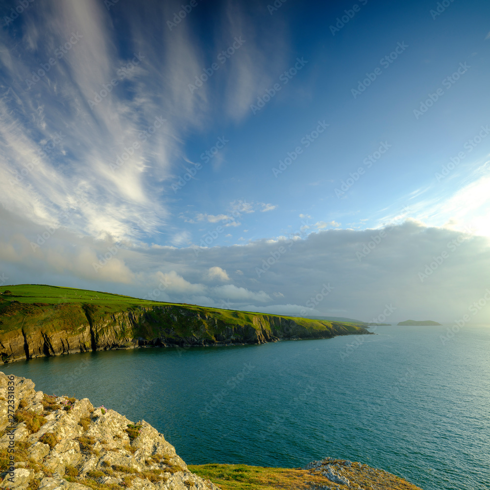 Evening light on the Ceredigion cliffs and Cardigan Island from Mwnt, Wales