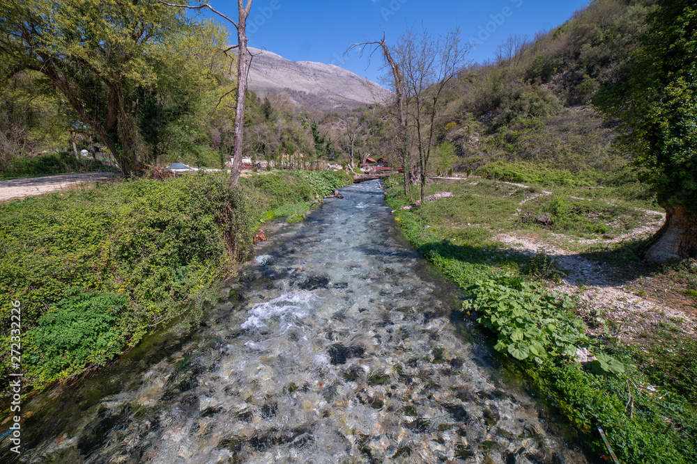 The Blue Eye spring (Syri i Kalter), a more than fifty metre deep natural pool with clear, fresh water, near Sarande in Vlore Country in southern Albania