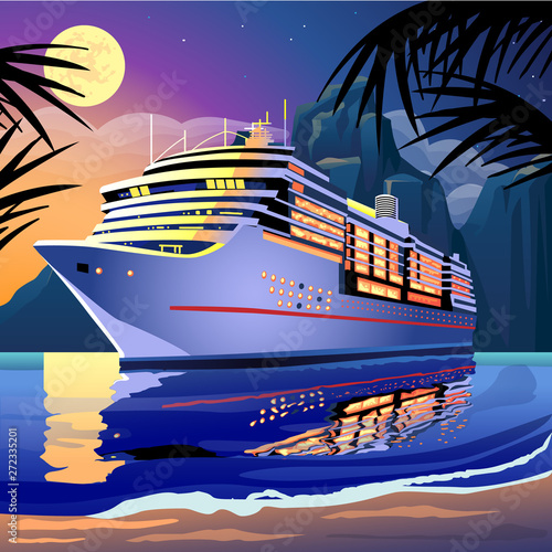 Cruise ship under the moonlight on a tropical lagoon