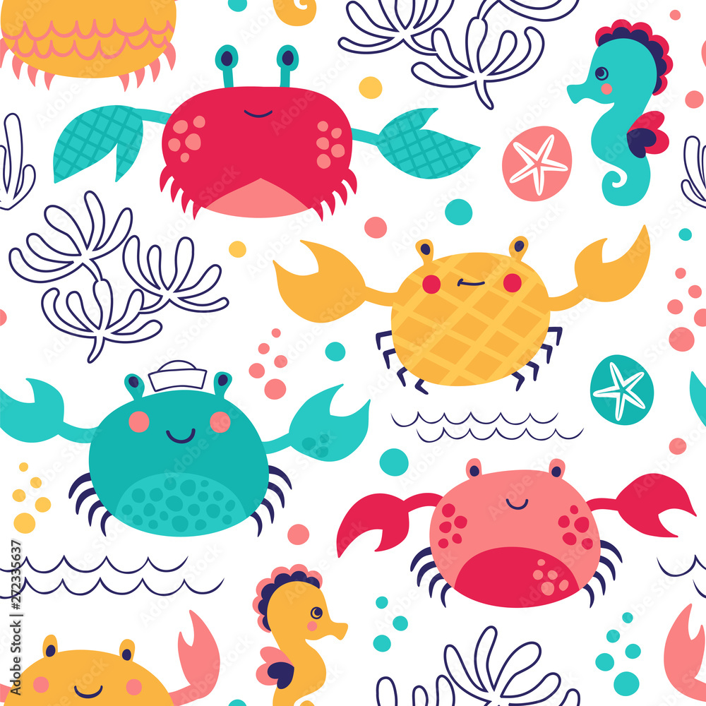 Summer marine background with sea animals. Seamless vector pattern with crab and seahorse.