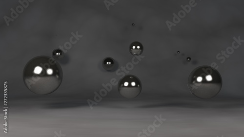 3D illustration of many metal, silver, chrome beads. The spheres are located randomly, randomly in the space above the reflecting surface. 3D rendering, abstraction, abstract, futuristic background.