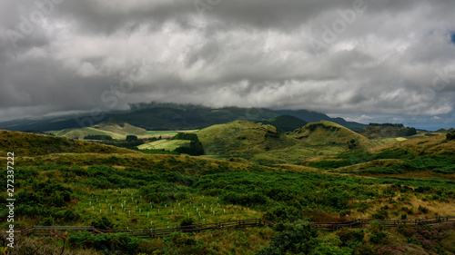 landscape in terceira, view of the green landscape in terceira during a cloudy day, azores, portugal.