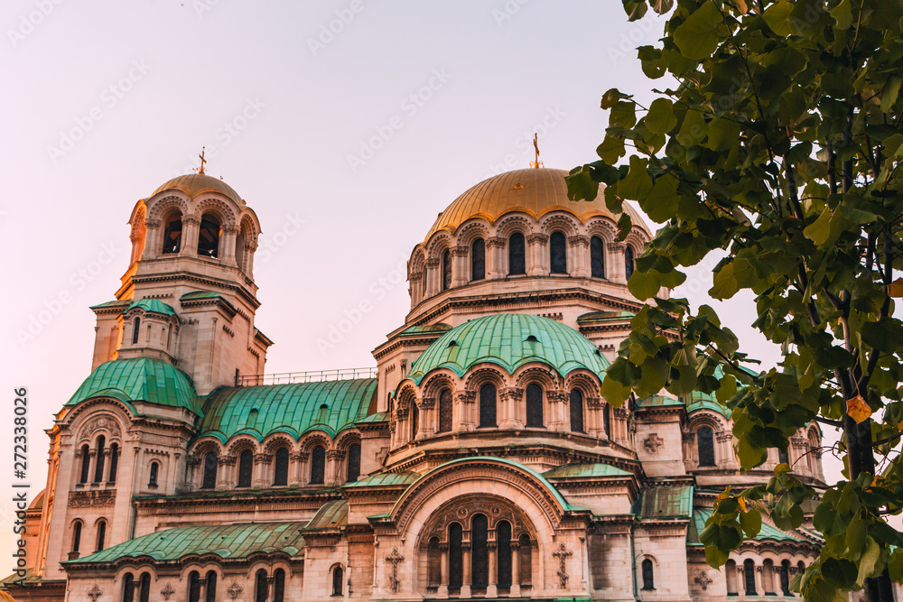 alexander nevsky cathedral behind tree in sofia bulgaria during sunset