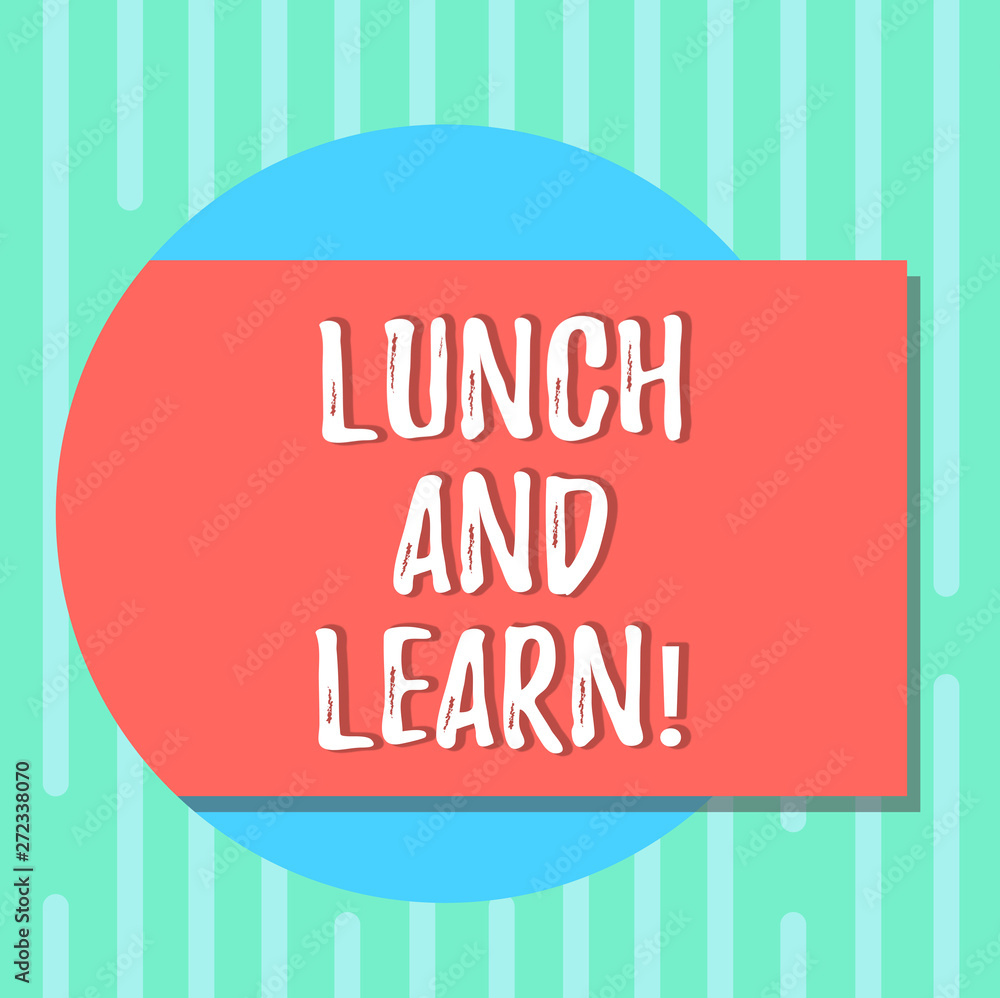 Word writing text Lunch And Learn. Business concept for Have meal and study motivation for education learning eating Blank Rectangular Color Shape with Shadow Coming Out from a Circle photo