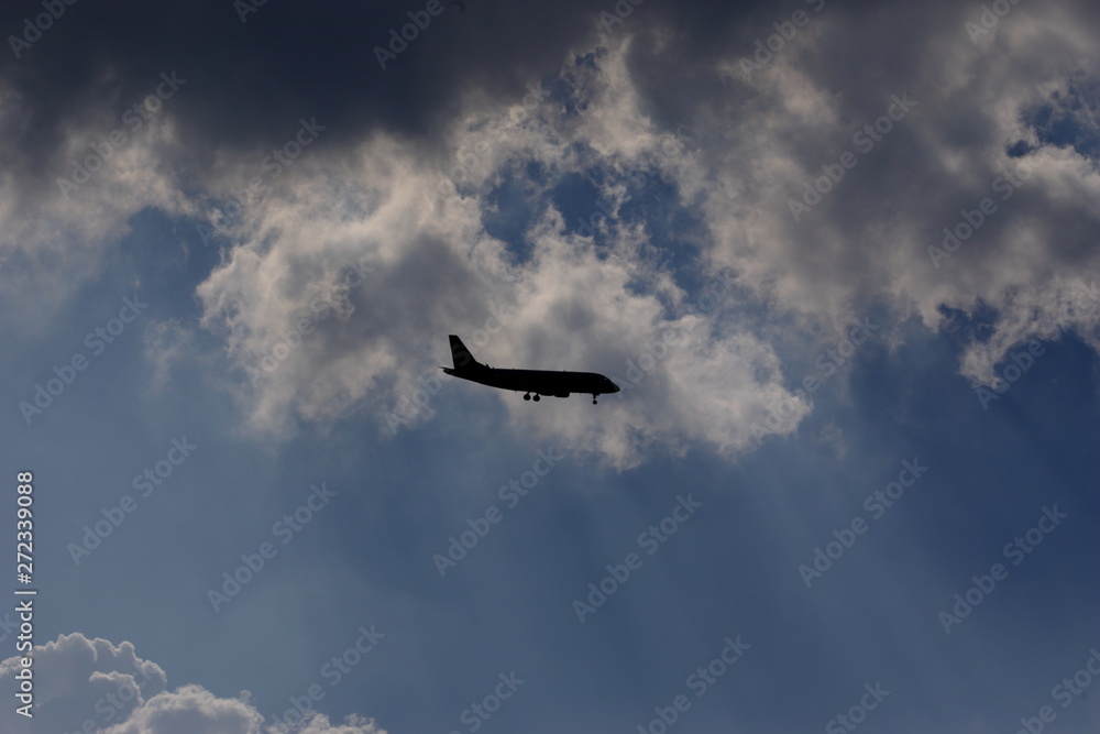 Fototapeta premium 綺麗な青空と空に飛んでいる飛行機の姿