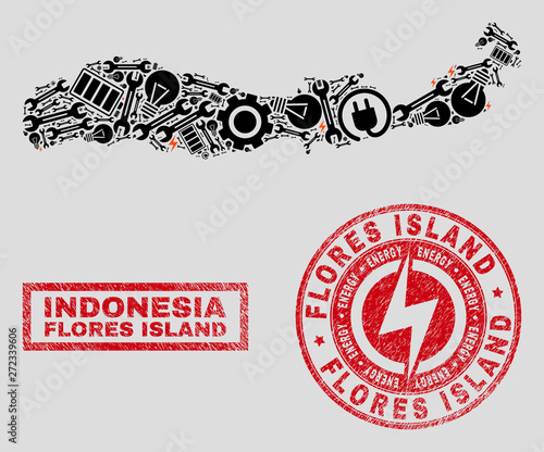 Composition of mosaic power supply Flores Island of Indonesia map and grunge seals. Collage vector Flores Island of Indonesia map is composed with workshop and power elements.