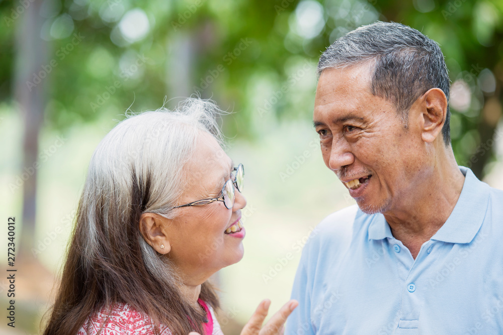 Cheerful old couple chatting in the park Cheerful old couple chatting in the park