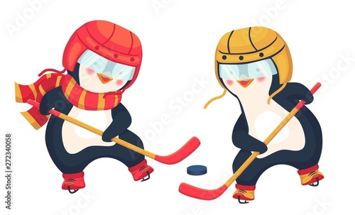 penguin play ice hockey in the winter
