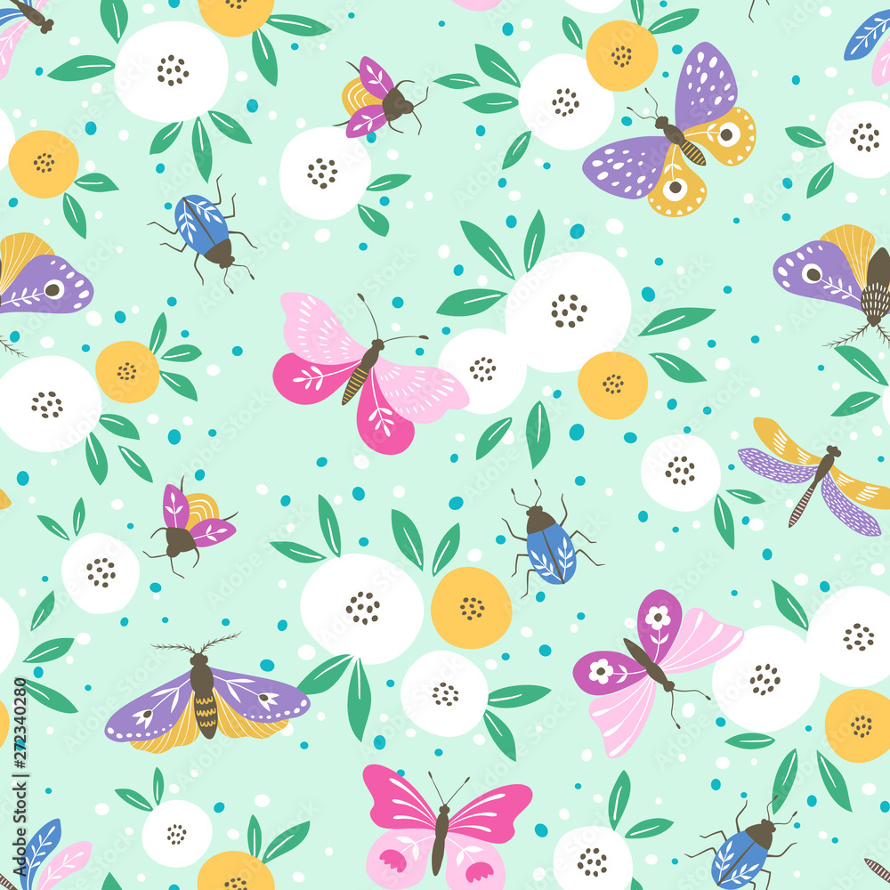 Seamless pattern of multicolored butterflies, insects and white flowers on light menthol color background.