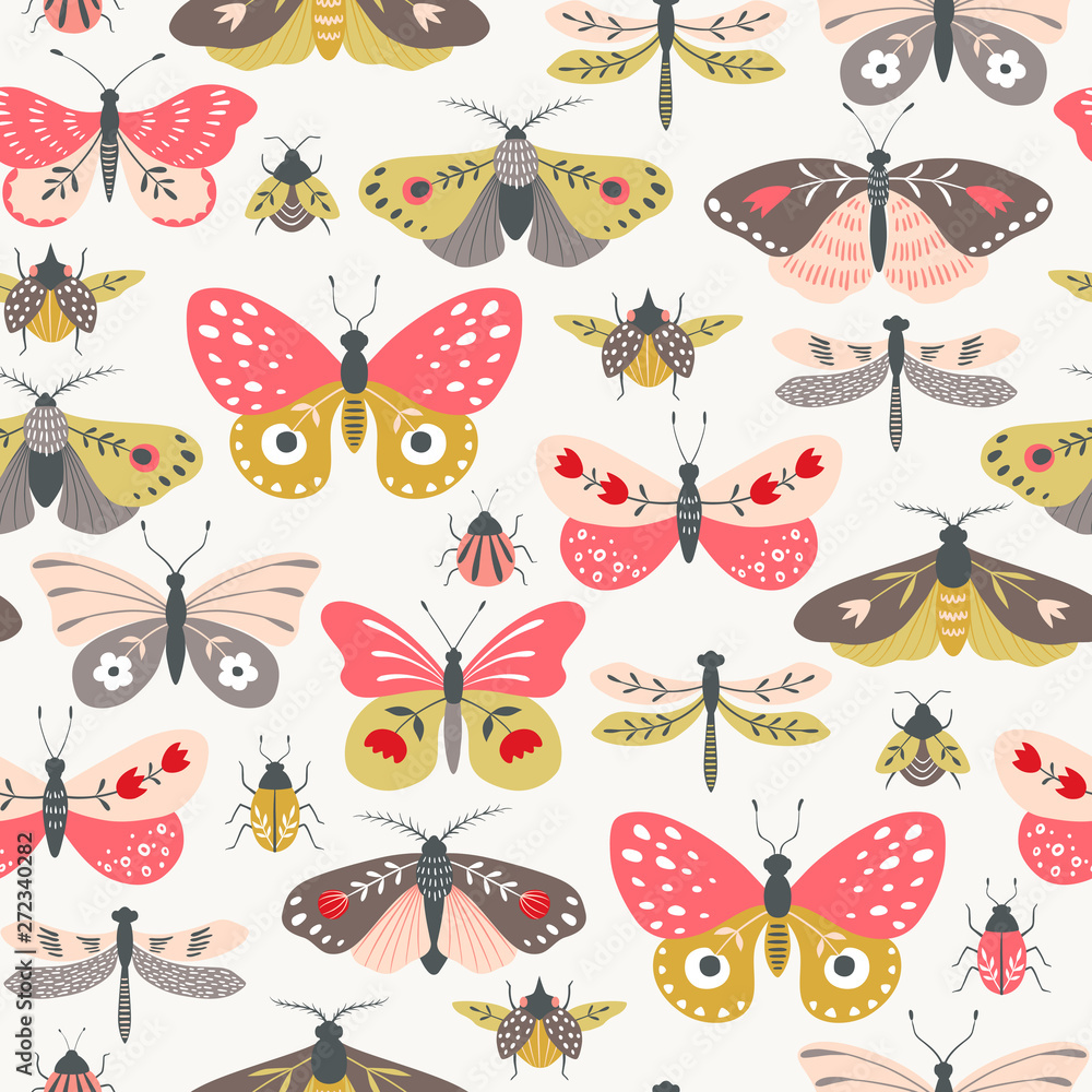 Seamless pattern of folk decorative butterflies, moths, dragonflies and bugs on light background. Seamless pattern of folk decorative butterflies, moths, dragonflies and bugs on light background.
