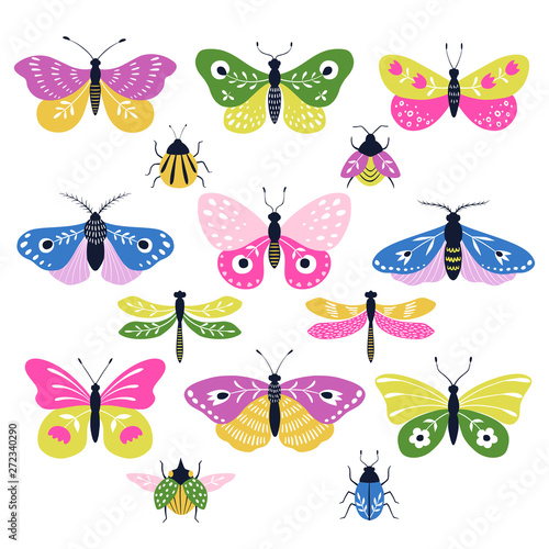 Set of multicolored decorative folk butterflies, moths, dragonflies and bugs isolated on white background. © fireflamenco