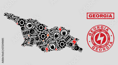 Composition of mosaic power supply Georgia map and grunge stamp seals. Mosaic vector Georgia map is composed with equipment and electricity elements. Black and red colors used.