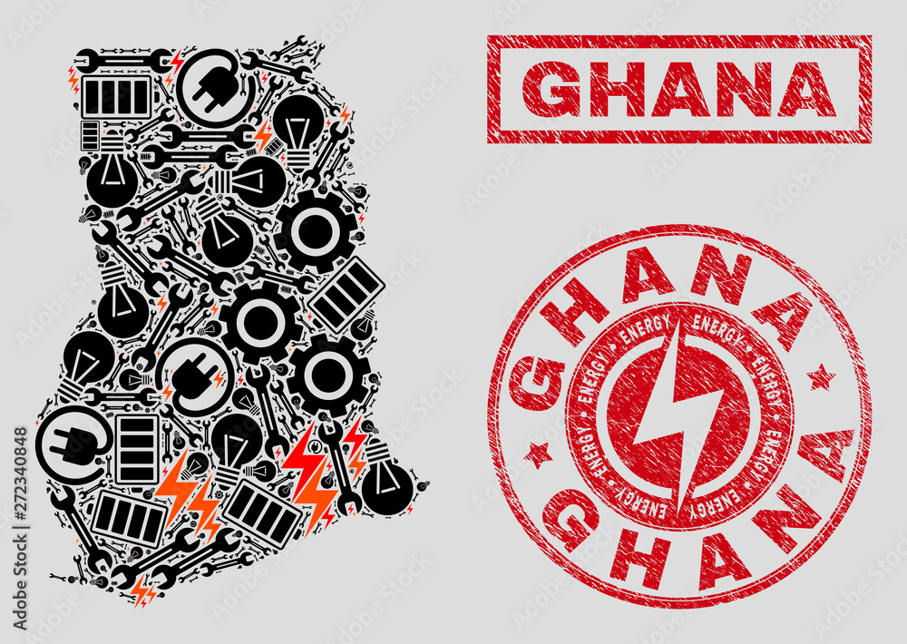 Composition of mosaic power supply Ghana map and grunge seals. Mosaic vector Ghana map is composed with service and bulb symbols. Black and red colors used. Abstraction for power supply services. Composition of mosaic power supply Ghana map and grunge seals. Mosaic vector Ghana map is composed with service and bulb symbols. Black and red colors used. Abstraction for power supply services.