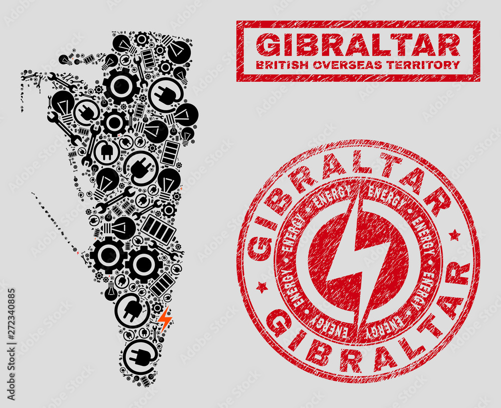 Composition of mosaic power supply Gibraltar map and grunge seals. Collage vector Gibraltar map is composed with tools and bulb icons. Black and red colors used. Abstraction for power supply services. Composition of mosaic power supply Gibraltar map and grunge seals. Collage vector Gibraltar map is composed with tools and bulb icons. Black and red colors used. Abstraction for power supply services.