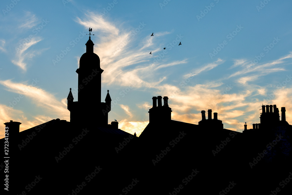 silhouette of castle at sunset