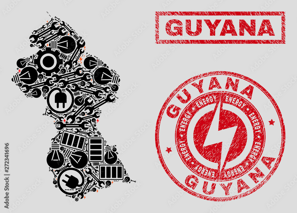 Obraz premium Composition of mosaic power supply Guyana map and grunge seals. Mosaic vector Guyana map is created with service and electric icons. Black and red colors used. Abstraction for power supply business.