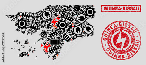 Composition of mosaic power supply Guinea-Bissau map and grunge stamps. Mosaic vector Guinea-Bissau map is created with tools and power elements. Black and red colors used.
